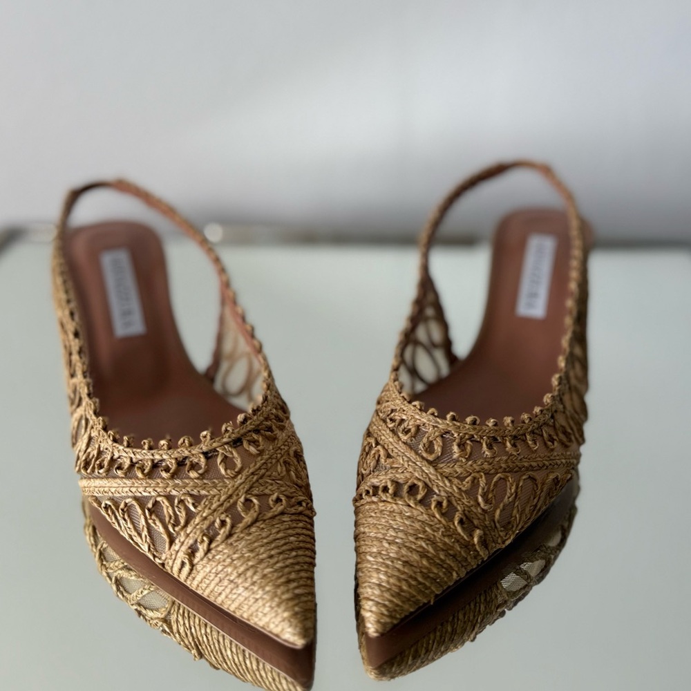 New AQUAZZURA Beige Raffia Kahlo Slingback Pumps 50 $950 - Picture 10 of 14